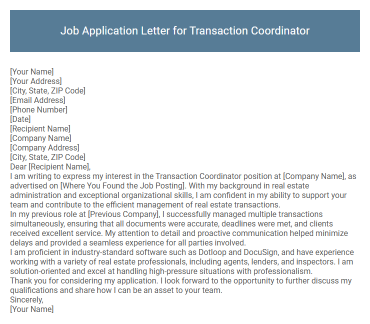 Job Application Letter for Transaction Coordinator