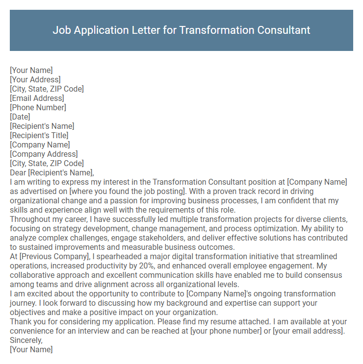 Job Application Letter for Transformation Consultant