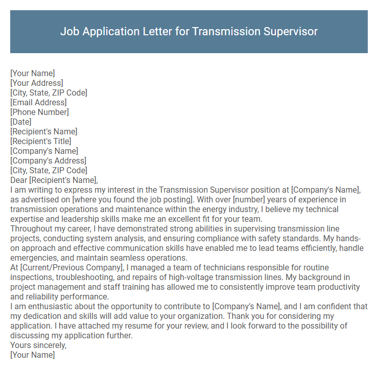 Job Application Letter for Transmission Supervisor