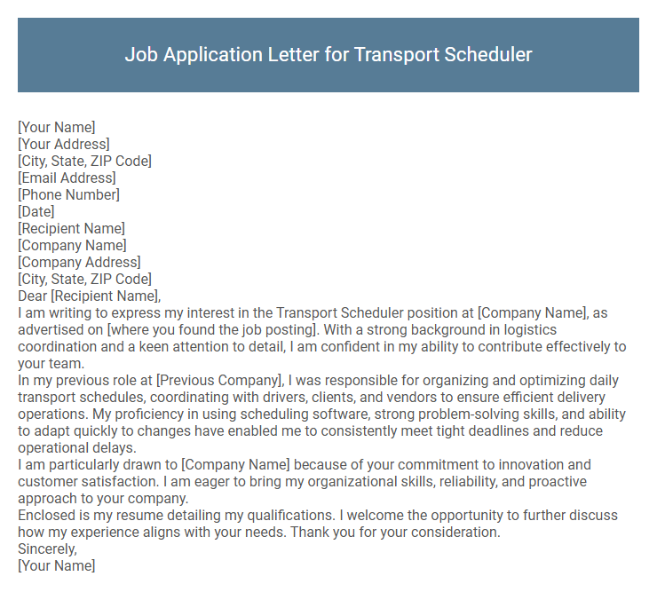 Job Application Letter for Transport Scheduler