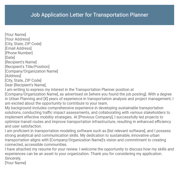 Job Application Letter for Transportation Planner