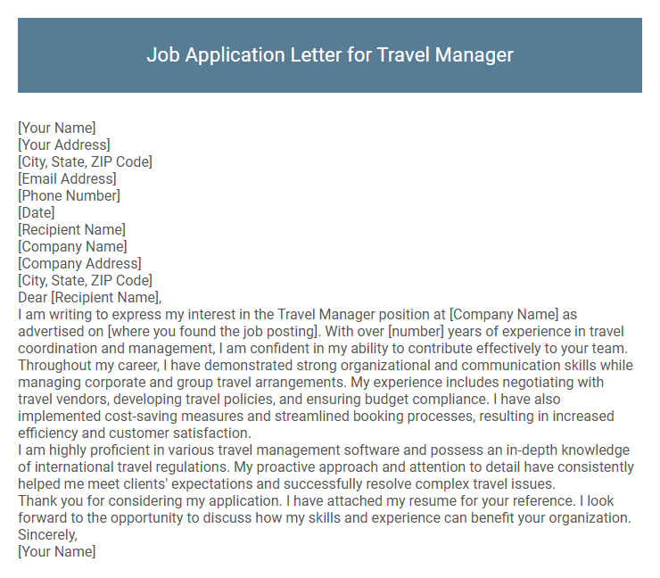 Job Application Letter for Travel Manager