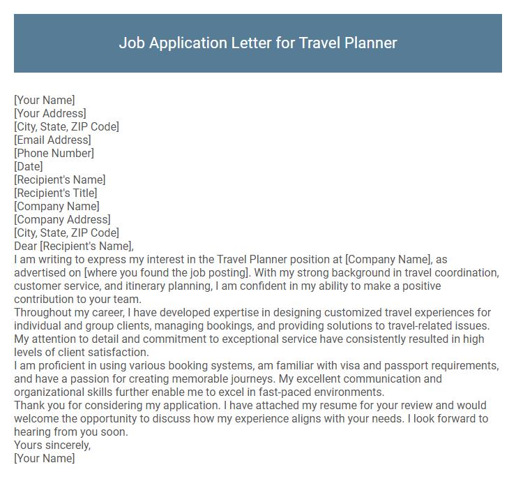Job Application Letter for Travel Planner