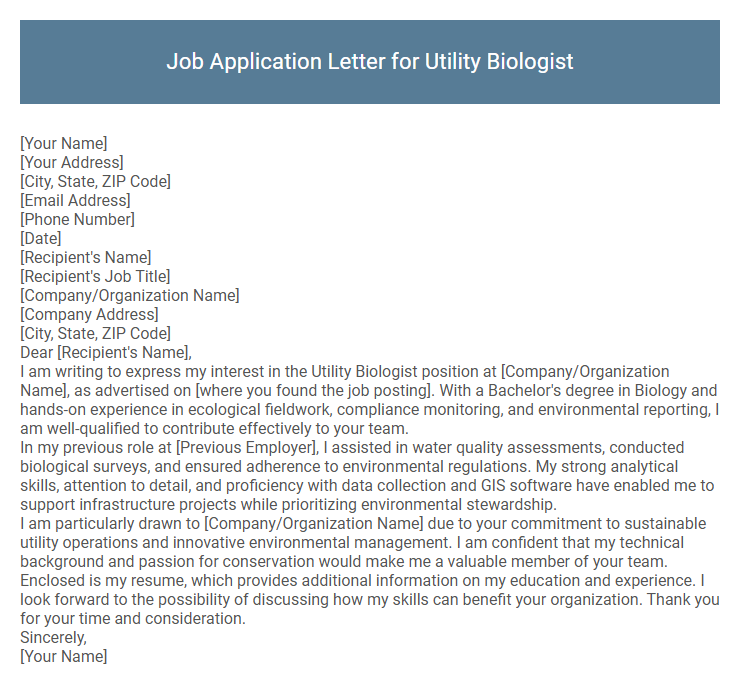 Job Application Letter for Utility Biologist