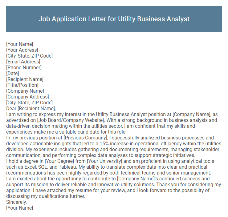 Job Application Letter for Utility Business Analyst