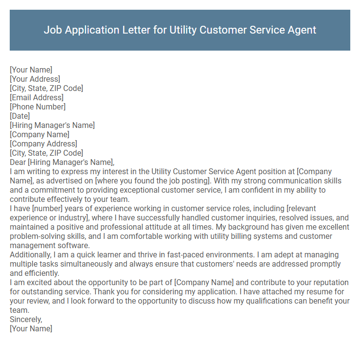 Job Application Letter for Utility Customer Service Agent