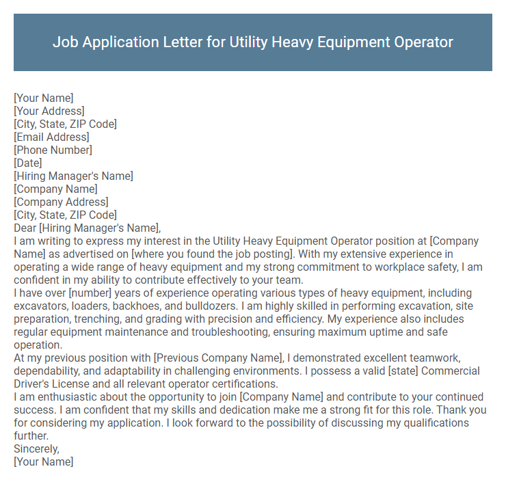 Job Application Letter for Utility Heavy Equipment Operator