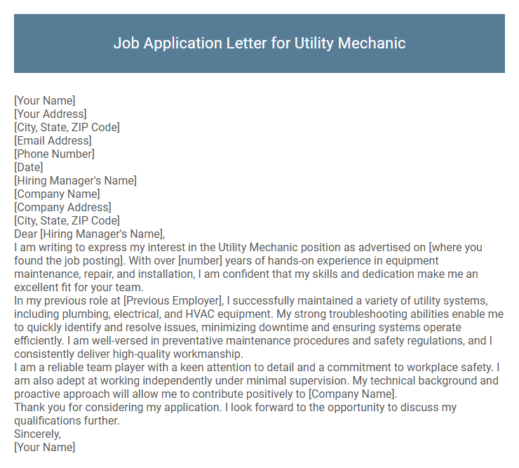 Job Application Letter for Utility Mechanic