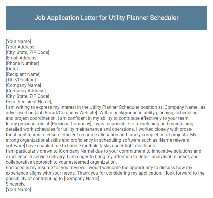 Job Application Letter for Utility Planner Scheduler