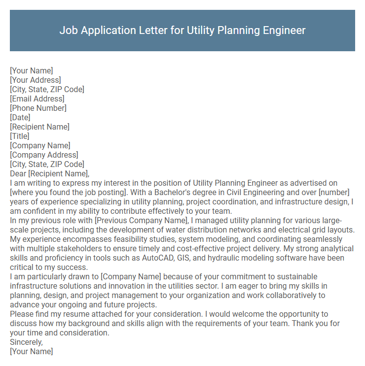 Job Application Letter for Utility Planning Engineer