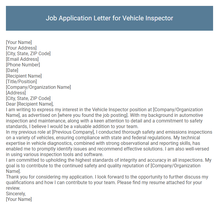 Job Application Letter for Vehicle Inspector