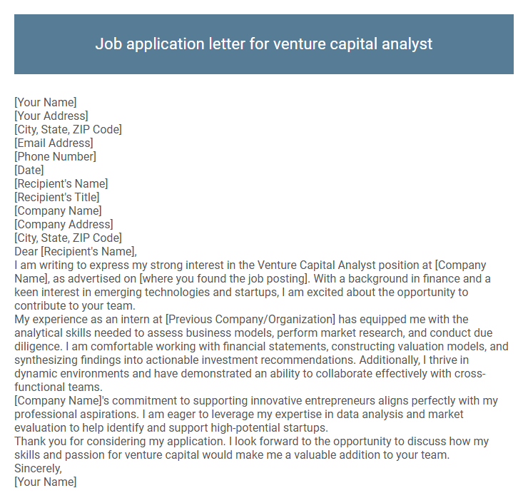 Job application letter for venture capital analyst