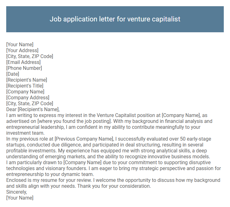 Job application letter for venture capitalist