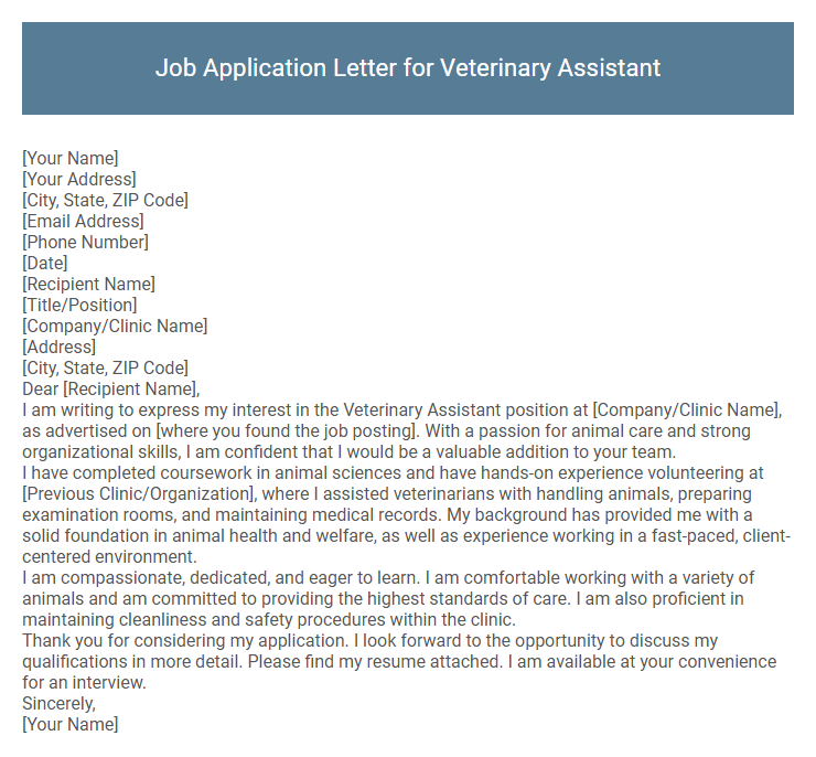 Job Application Letter for Veterinary Assistant