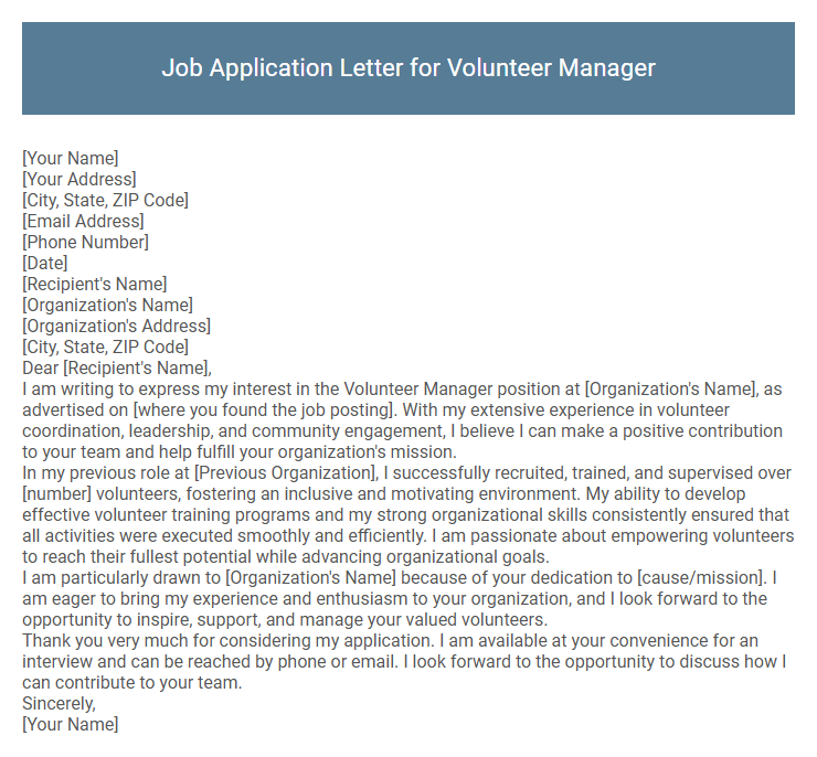 Job Application Letter for Volunteer Manager