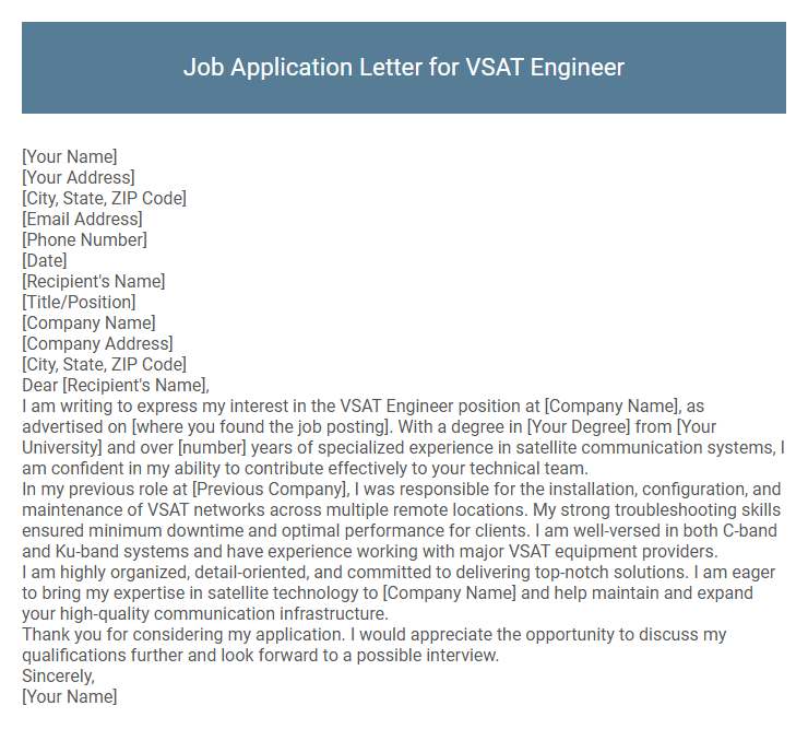 Job Application Letter for VSAT Engineer