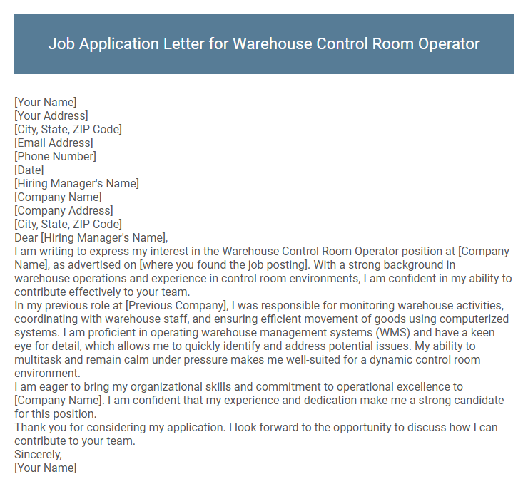 Job Application Letter for Warehouse Control Room Operator