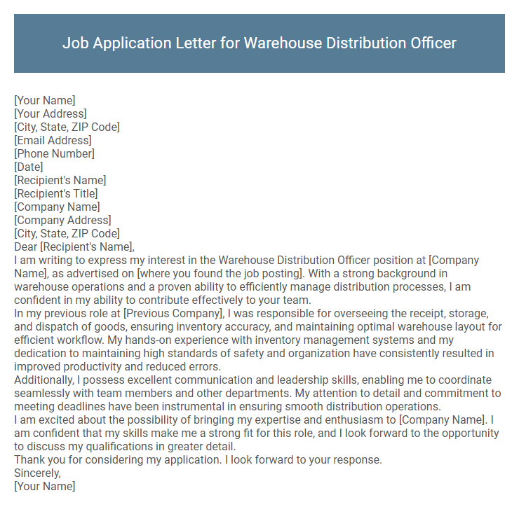 Job Application Letter for Warehouse Distribution Officer
