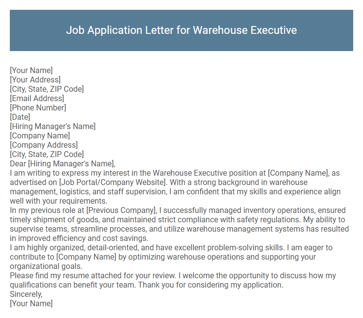 Job Application Letter for Warehouse Executive