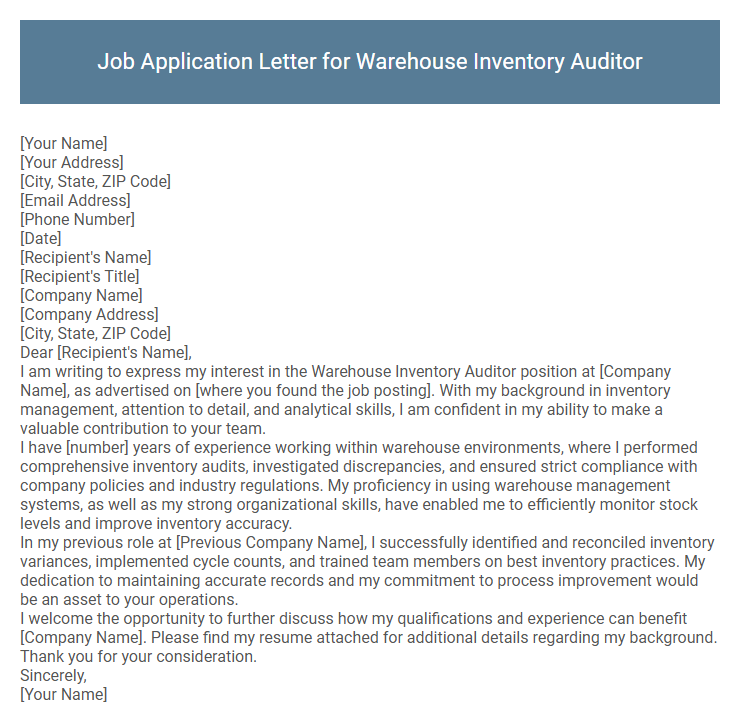 Job Application Letter for Warehouse Inventory Auditor