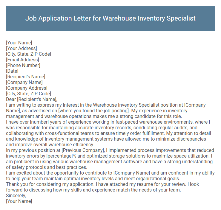 Job Application Letter for Warehouse Inventory Specialist