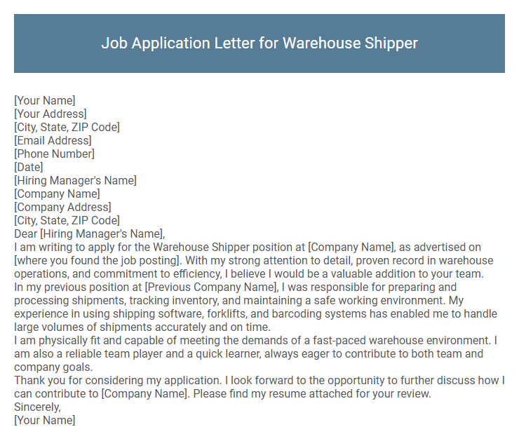 Job Application Letter for Warehouse Shipper
