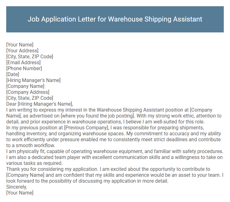 Job Application Letter for Warehouse Shipping Assistant