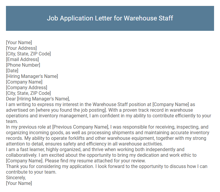 Job Application Letter for Warehouse Staff