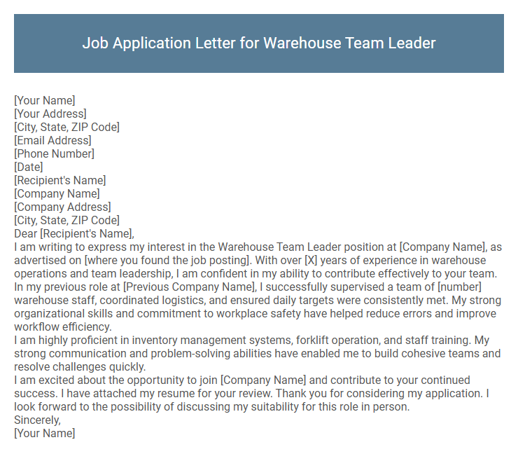 Job Application Letter for Warehouse Team Leader