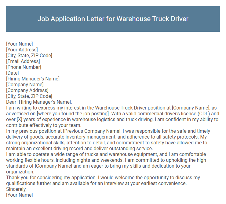 Job Application Letter for Warehouse Truck Driver