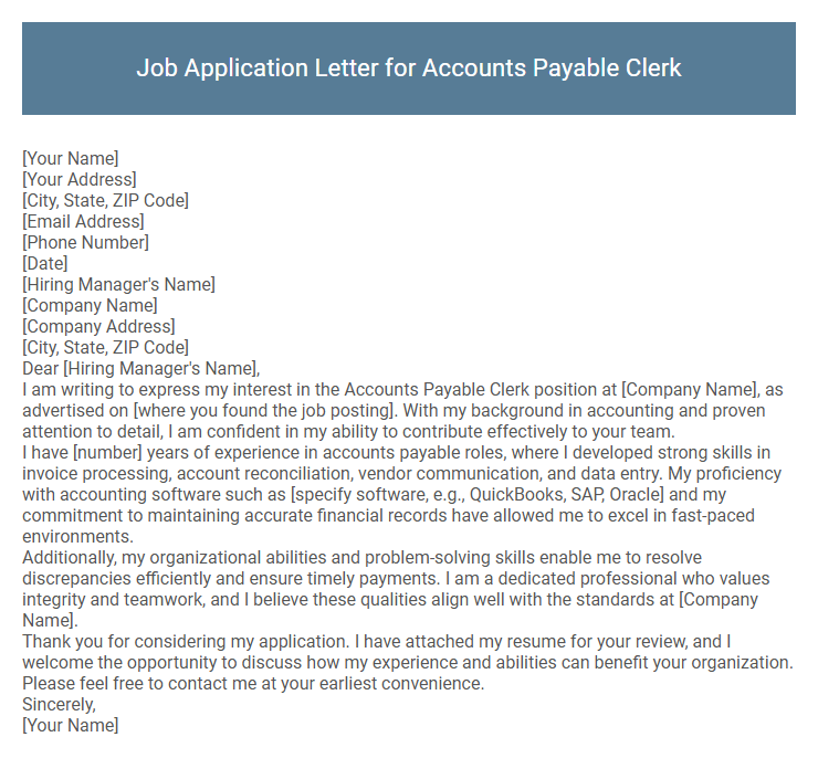 Job Application Letter for Accounts Payable Clerk