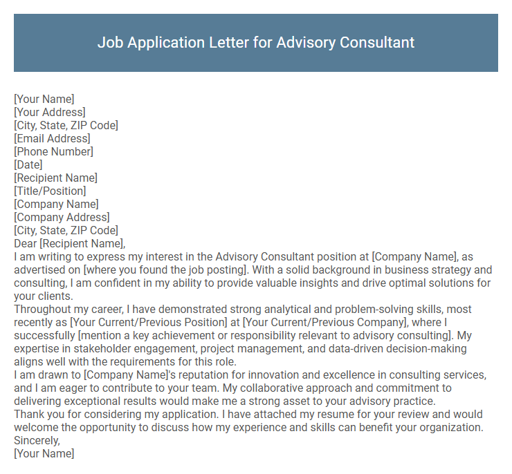 Job Application Letter for Advisory Consultant