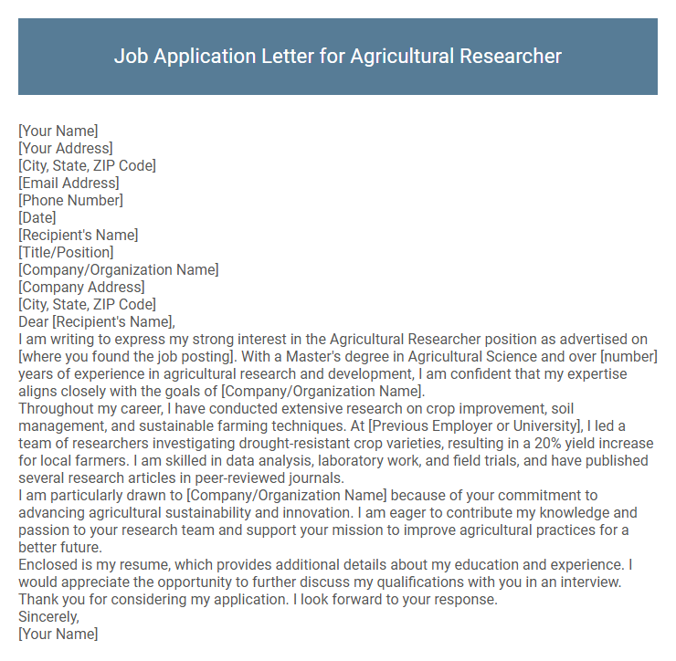 Job Application Letter for Agricultural Researcher