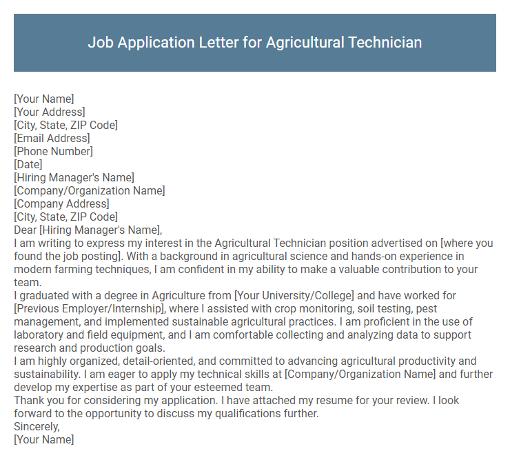Job Application Letter for Agricultural Technician