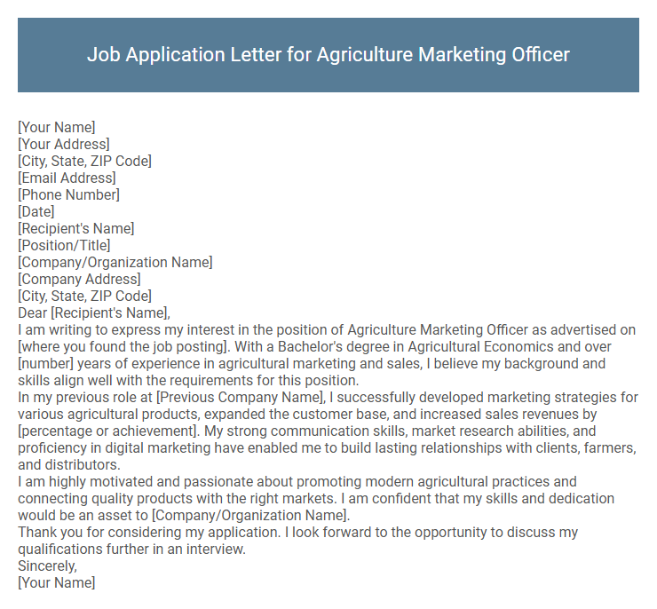Job Application Letter for Agriculture Marketing Officer