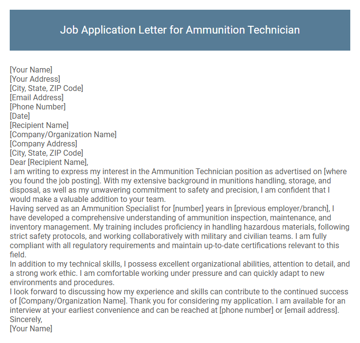 Job Application Letter for Ammunition Technician