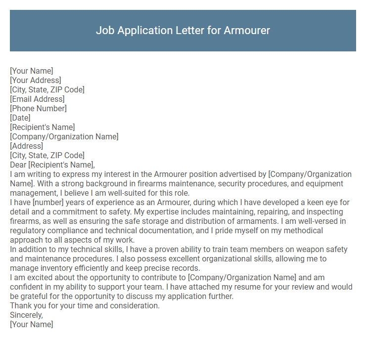 Job Application Letter for Armourer