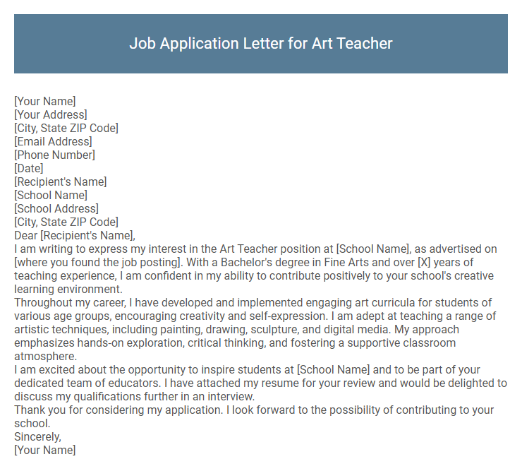Job Application Letter for Art Teacher