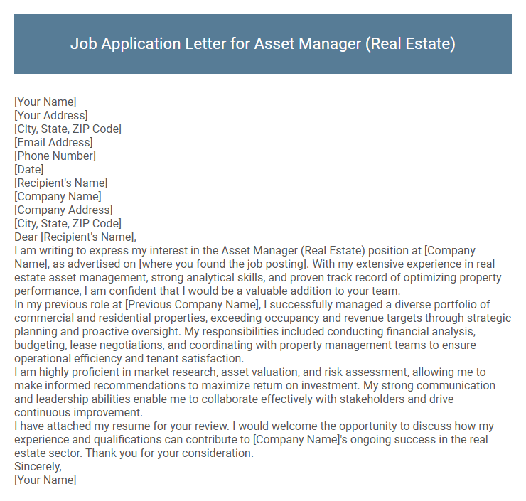 Job Application Letter for Asset Manager (Real Estate)