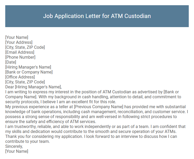 Job Application Letter for ATM Custodian