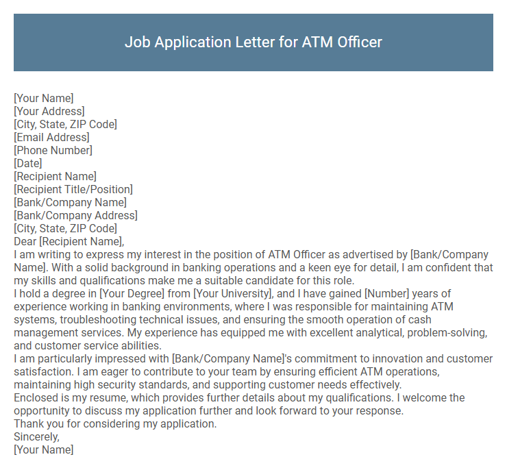 Job Application Letter for ATM Officer