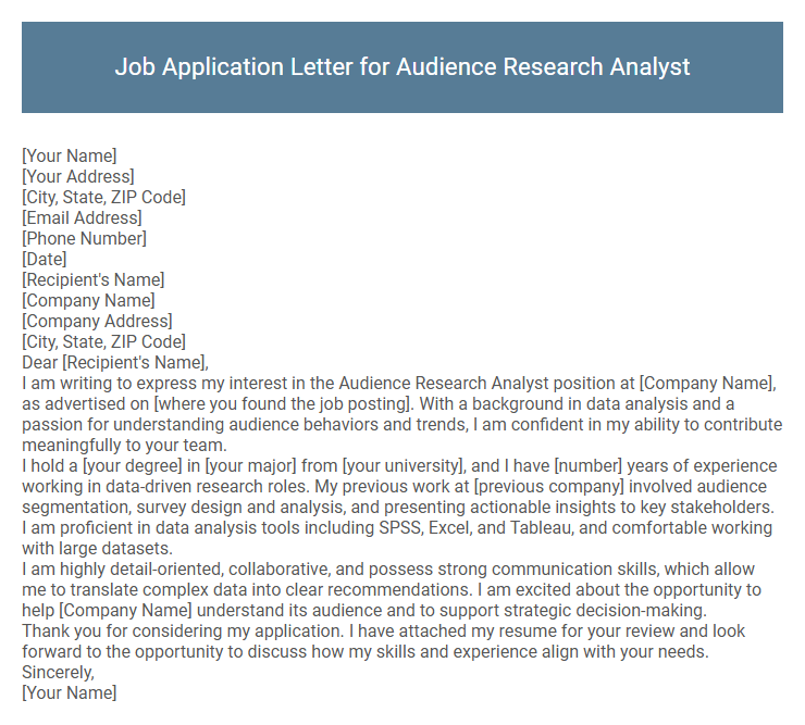 Job Application Letter for Audience Research Analyst