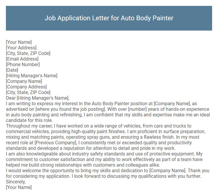Job Application Letter for Auto Body Painter