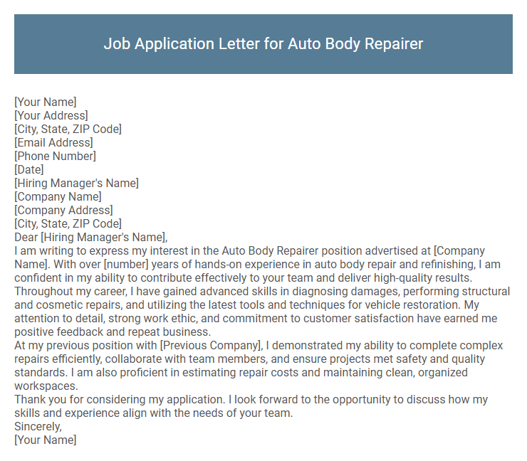Job Application Letter for Auto Body Repairer