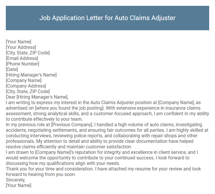 Job Application Letter for Auto Claims Adjuster