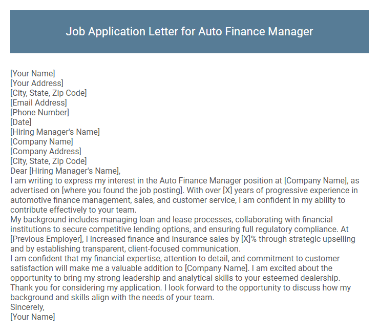 Job Application Letter for Auto Finance Manager
