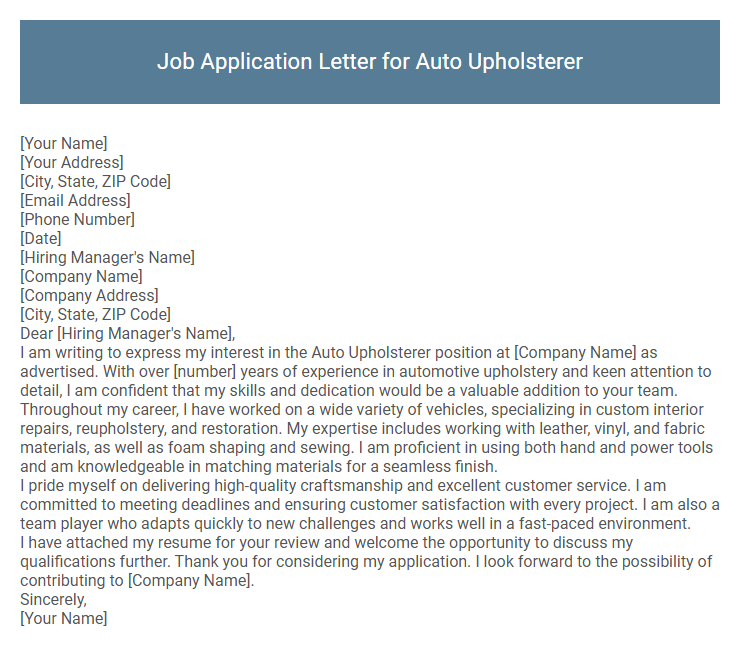 Job Application Letter for Auto Upholsterer