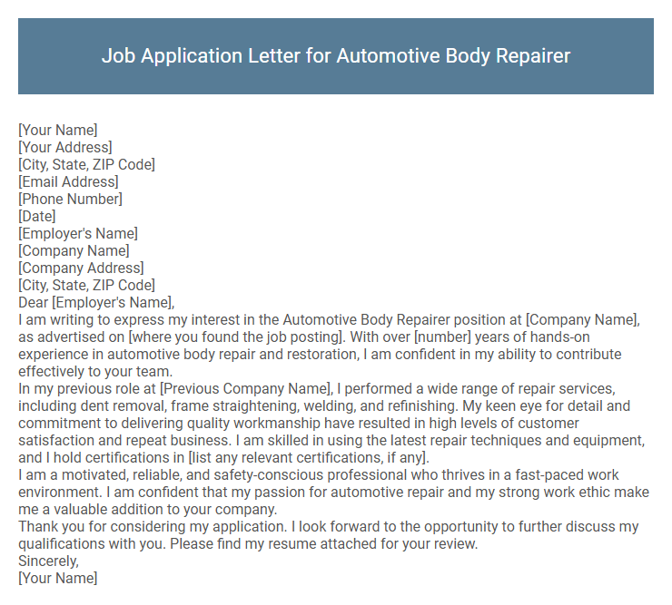 Job Application Letter for Automotive Body Repairer