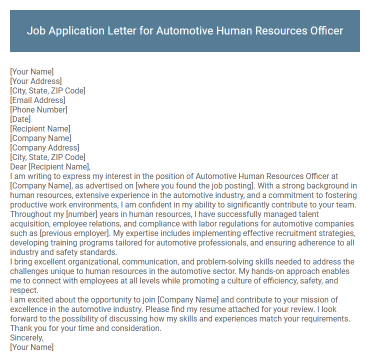 Job Application Letter for Automotive Human Resources Officer