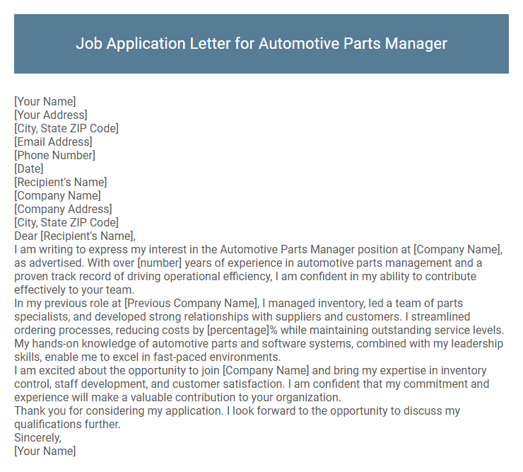 Job Application Letter for Automotive Parts Manager